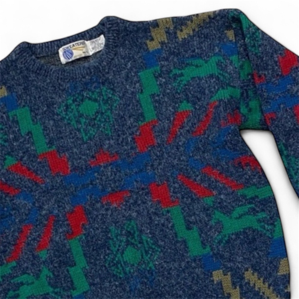 Vintage Sweaters Retro Grandpa Eclectic Crewneck Blue‎ Geometric Horse Knit Tall
